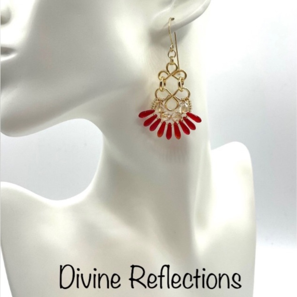 Red Chandelier Earrings Gold Plated Hoops Glass
